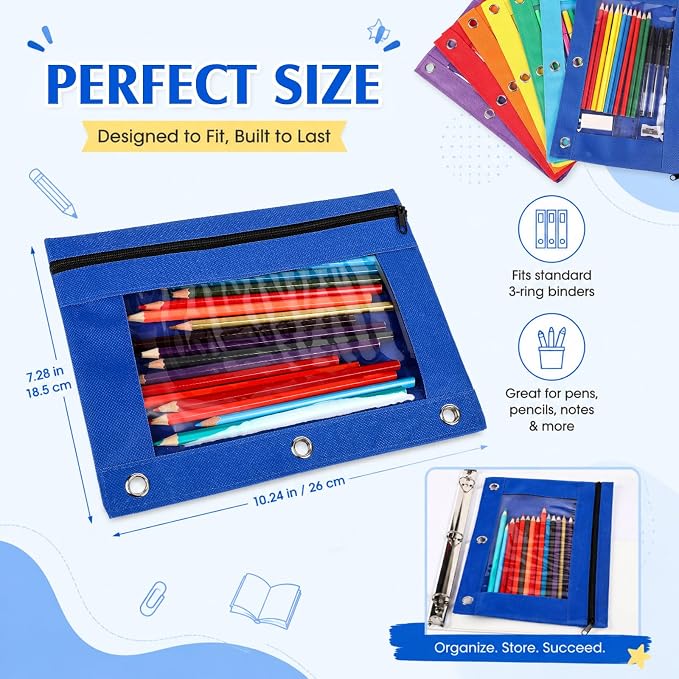 Zhehao 300 Pcs Binder Pencil Pouch Bulk Pencil Pouch for 3 Ring Binder with Zipper and Double Pocket for Writing Utensils School Supplies (Six Colors,Clear Style)