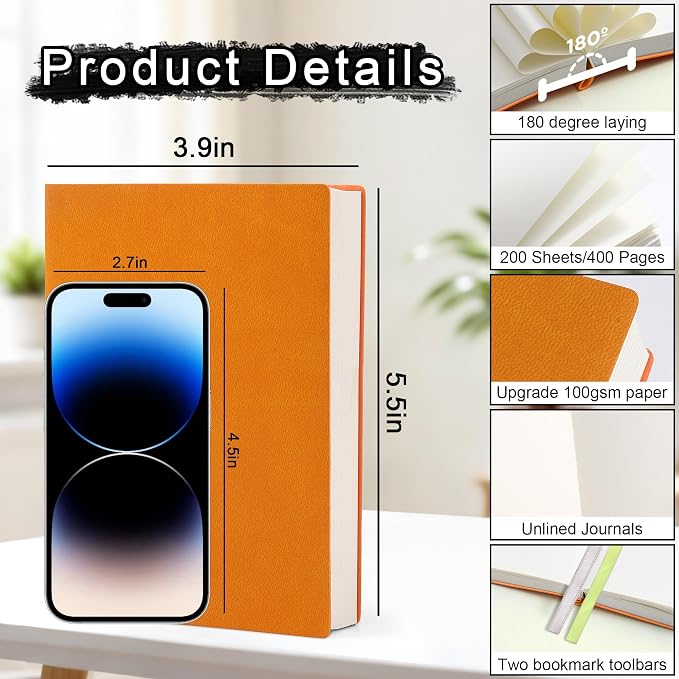 Thick Blank Journal Notebook 400 Pages, A6 Unlined Plain Sketchbook, 100gsm Thick Paper Hardcover Soft Leather Cover, No Lines Drawing Pad Memo Diary Writing Art Notepad ，3.9 × 5.5
