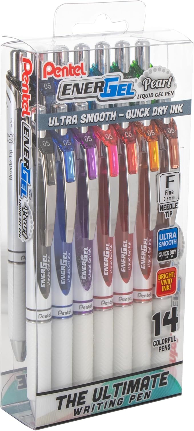 Pentel EnerGel RTX Pearl Liquid Gel Pen, (0.5mm) Needle Tip, Fine Line, Asstd. Ink, 14-Pk Plastic Box