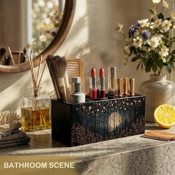 Rustic Gold William Morris Inspired Night Moon Forest Wooden Pencil Pen Holder for Desk Organizers and Accessories,Vintage Nature Botanical Makeup Brush Holder Organizer for Bathroom Vanity