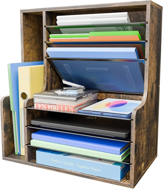 Simple Trending Wooden Desk Organizer, 7- Tier File Organizer, Adjustable Letter Tray Paper Organizer with File Holder for Office Supplies, Rustic Brown