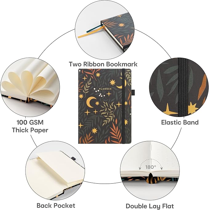 And Per Se Undated Academic Planner, Weekly & Monthly Planner with Goal & Habit Tracker, A5 Hardcover, Lunar Leaf