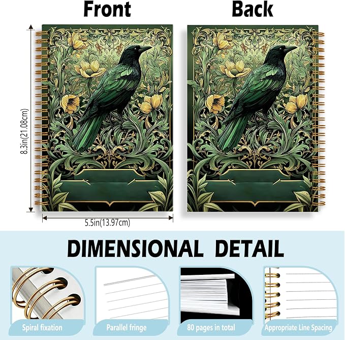 HOXUNQINA Art Nouveau Green Raven Journal Notebook 5.5x8.3 | William Morris Inspired Vintage Floral Crow Journal, Witchy Gothic Raven Botanical Notebooks for Work