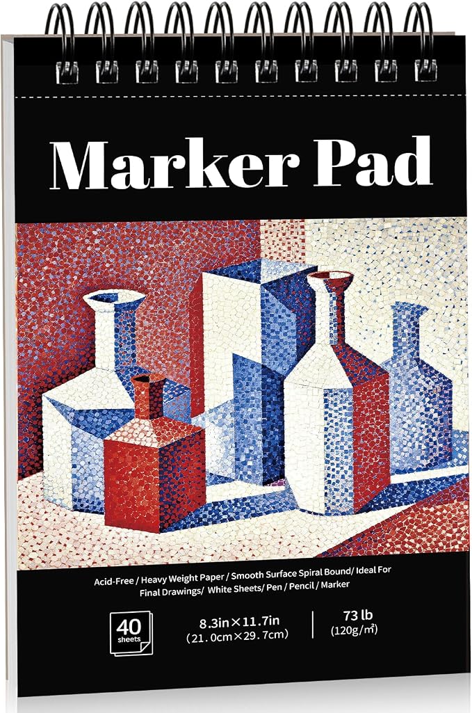 A4 Marker Paper Pad, 40 Sheets, 8.3 × 11.7 in, 120gsm, Spiral Bound | Bleed-Resistant Acid-Free Paper, Smooth for Alcohol Markers, Tear-Out Pages, Lays Flat, for Sketching And Coloring