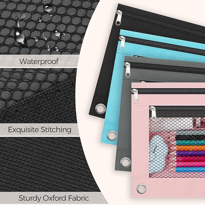 KONVINIT Pencil Pouch for 3 Ring Binder, Zipper Binder Pencil Pouch, Durable Cloth Pencil Case with 2 Pockets, Mesh Window Pencil Case Pouch for School Supplies, Cables, Earbuds, Makeup, Black
