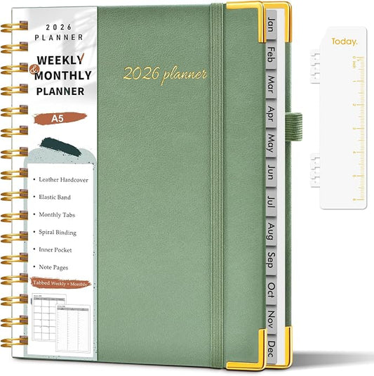 2026 Planner, Weekly and Monthly Calendar Planner from January 2026 - December 2026, 5.75" x 8.38" Hardcover Leather Hourly Appointment Book with Tabs, A5 Spiral Daily Planners for College School Work Home, Green