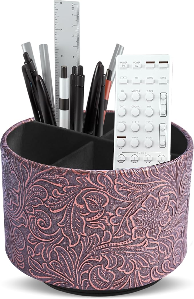 lizimandu Round Leather Art Supply Organizer,Remote Control Holder,360 Degree Spinning,Multi-Functional Pencil Holder,4 Compartments Desktop Stationary Organizer(1-Carved Cooper Red)