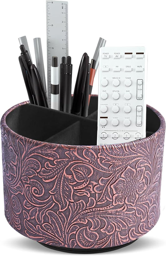 lizimandu Round Leather Art Supply Organizer,Remote Control Holder,360 Degree Spinning,Multi-Functional Pencil Holder,4 Compartments Desktop Stationary Organizer(1-Carved Cooper Red)