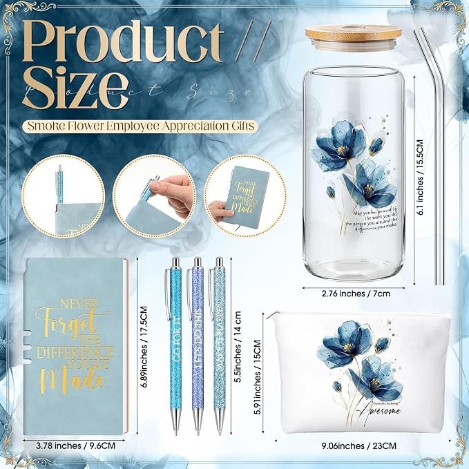 Funnymoom 6 Pcs Appreciation Gifts Set for Women Back to School Teacher Gifts Employee Thank You Gift with 17 oz Glass Tumbler Journal Pens and Pouch for Coworkers Educators(Floral,Blue)
