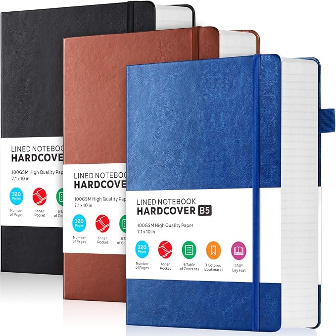 FOCUS DAY 3 Pack Leather Notebooks Journals, Bulk Lined Notebook Journals Set for Women Men Writing, 320 Pages Hardcover B5 College Ruled Notebook Journal Notepad for School Office, Black Blue Brown