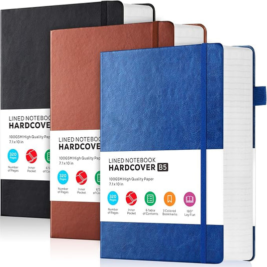 FOCUS DAY 3 Pack Leather Notebooks Journals, Bulk Lined Notebook Journals Set for Women Men Writing, 320 Pages Hardcover B5 College Ruled Notebook Journal Notepad for School Office, Black Blue Brown