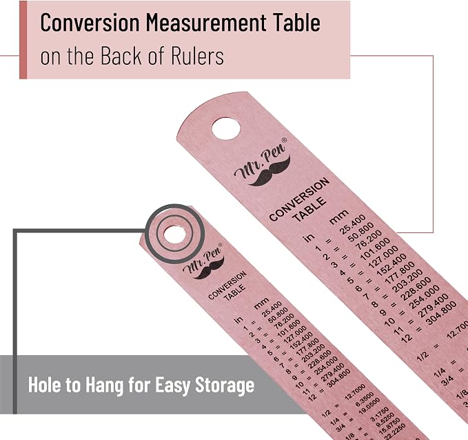 Mr. Pen- Metal Straight Edge Ruler, 2 Pack, 6" and 12", Rose Gold | Stainless Steel Ruler Set, Imperial & Metric Measurements for Drawing, Home, Office, Engineering