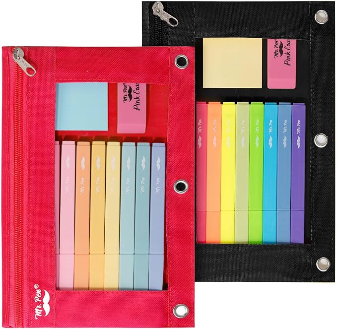 Mr. Pen- Pencil Pouch for 3 Ring Binder, 2 Pack, 10"x6.75", Smooth Zipper | Clear Window, Large Capacity Pencil Case with 3 Reinforced Grommets for School, Office, Supplies Storage | Clear Window, Large Capacity Pencil Case with 3 Reinforced Grommets f...