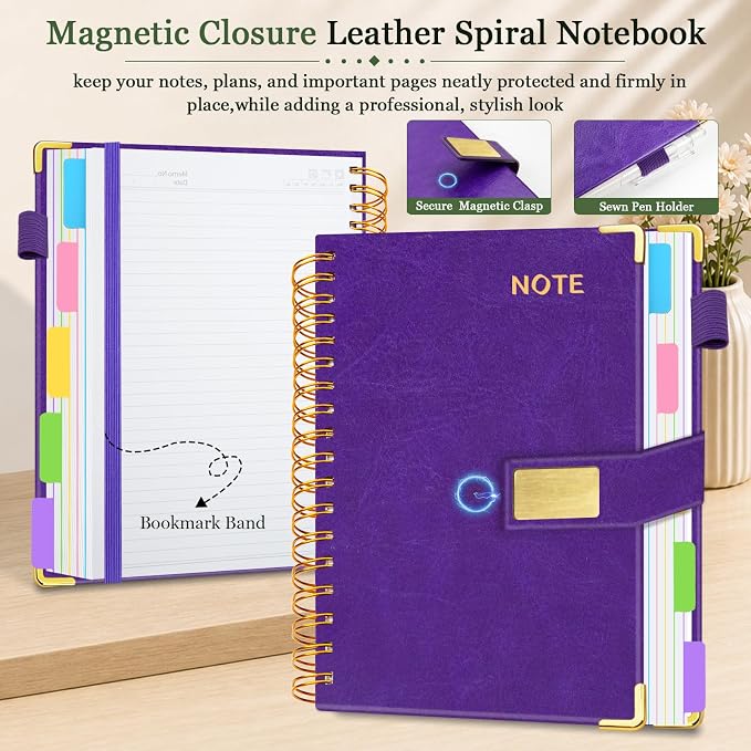 Hardcover Spiral Notebook 8''x 10'' College Ruled Notebook with Magnetic Closure, 300 Pages 5 Subject Notebooks with Pocket Dividers for Work School, B5 Leather Journal for Women, Men (Purple)
