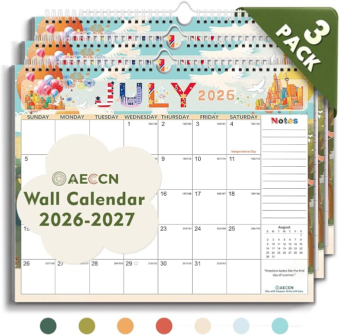 AECCN Calendar 2026-2027 18 Months, 3 Pack-Colorful | 14.4" x 11.4" | 110GSM Thick Paper | No-Bleed | Stickers Attached | Home, School & Office Use