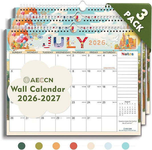AECCN Calendar 2026-2027 18 Months, 3 Pack-Colorful | 14.4" x 11.4" | 110GSM Thick Paper | No-Bleed | Stickers Attached | Home, School & Office Use