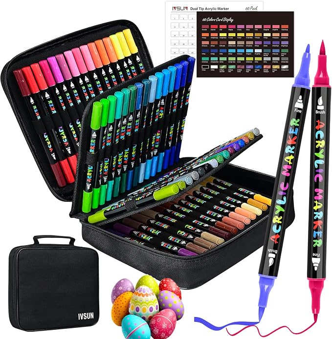 IVSUN Acrylic Paint Pens, 60 Colors Dual Tip Paint Markers | with Fine Tip and Brush Tip for Stone, Wood, Canvas, Calligraphy, Ceramic, Metal, Glass, Rock Painting, DIY Crafts