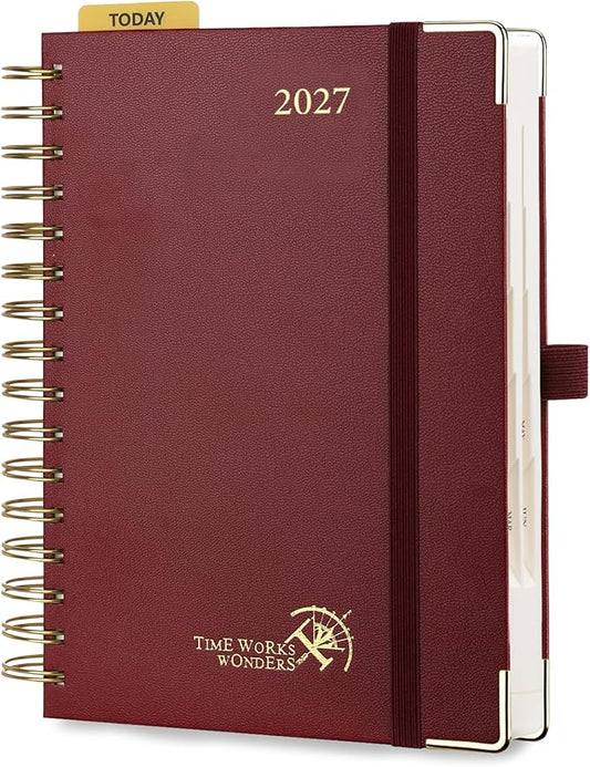 POPRUN 2027 Daily Planner One Page Per Day, 5.75" x 8.5", Calendar Book from Jan 2027 - Dec 2027, Hardcover Appointment Book with Hourly Time Slots, Spiral Bound, Monthly Tabs - Burgundy
