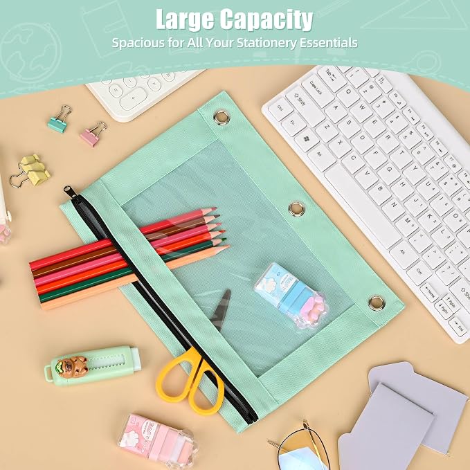Lanpn Pencil Pouch for 3 Ring Binder 6 Pack, Pastel Binder Pen Bags with Zipper, 3 Holes Pencil Holder Stationary Organizer for Boy Girl Kids School Student, Reinforced Grommets & Clear Window, Green