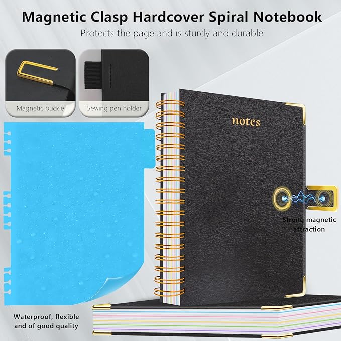Hardcover Spiral Notebook College Ruled, 8.5"x11" Leather Journal Notebook with Magnetic Closure, 300 Pages 5 Subject Notebook with Dividers Tabs Journal for Women Men, Work, School