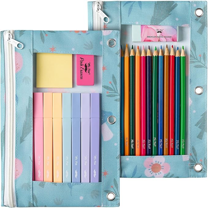 Mr. Pen- Pencil Pouch for 3 Ring Binder, 2 Pack, 10"x6.75", Smooth Zipper | Clear Window, Large Capacity Pencil Case with 3 Reinforced Grommets for School, Office, Supplies Storage | Clear Window, Large Capacity Pencil Case with 3 Reinforced Grommets f...