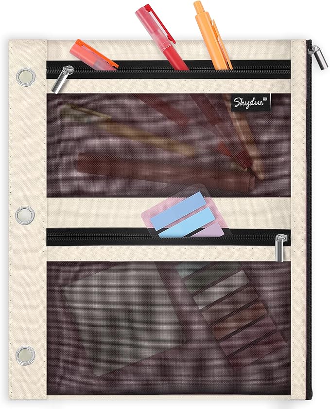 SKYDUE 3 Ring Pencil Pouch for Binder, Zipper Binder Pencil Pouch with 3 Pockets and Mesh Window, Durable Organizer for School Supplies, Cables, Earbuds, Makeup