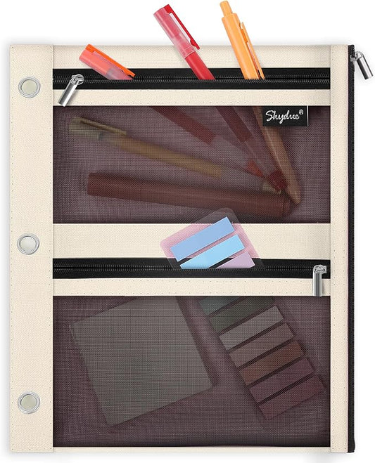 SKYDUE 3 Ring Pencil Pouch for Binder, Zipper Binder Pencil Pouch with 3 Pockets and Mesh Window, Durable Organizer for School Supplies, Cables, Earbuds, Makeup