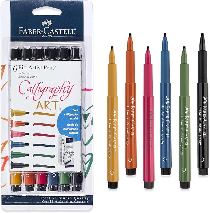 Faber-Castell Pitt Artist Calligraphy Pens | 6 India Ink Pens, 2.5 mm Chisel Tip | Multicolor Calligraphy Pen Set for Lettering, Journaling, Creative Writing & Hand Lettering Designs