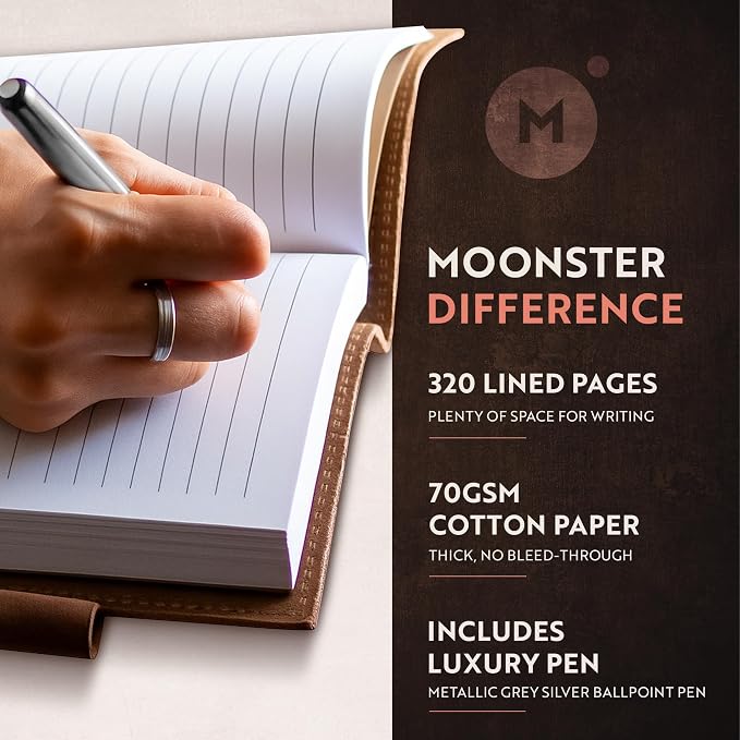 moonster Leather Journal Refillable Notebook – Vintage Handmade Leather Bound Journal for Women and Men, Classic Leather Notebook with Pen for Writing, Travel, Bible Notes – Premium Journal Notebook