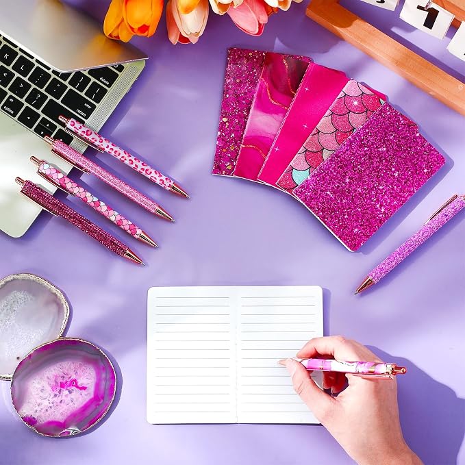 12 Set Cute Mini Notebook and Fancy Pen Gift Set for Women 6 Mini Glitter Pocket Notepad 6 Cute Sparkly Glitter Pen for Girl Office First Day of School Mother's Day Christmas Graduation(Rose Red)