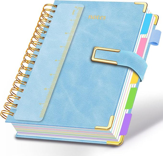 Hardcover Spiral Notebook College Ruled, 6.2"x 8.2" Leather Journal Notebook with Magnetic Closure, 300 Pages 5 Subject Notebook with Dividers Tabs Journal for Women Men, Work, School(Light Blue)