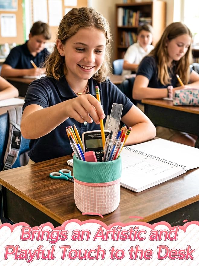 Bigmeta Gingham Standing Soft Pencil Case for Girls - 2-in-1 Cute Aesthetic Pencil Pouch with Zipper, Stationery Holder Bag for Middle & Elementary Students Back to School Supplies (Pink)