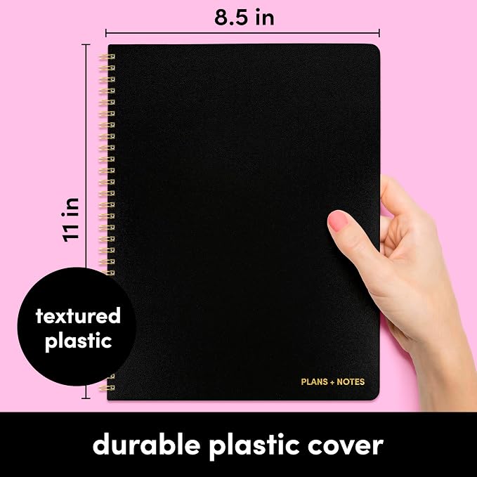 PAPERAGE Undated Daily Planner & To Do List Notepad (Black), 8.5 in x 11 in, Spiral Bound Planner Notebook for Work, School or Home, 104 Lined Pages With Date Tracker for Plans & Notes