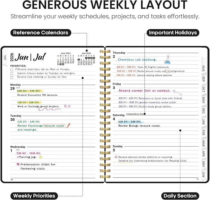 Planner 2026-2027, 8.5" x 11" Weekly and Monthly Academic Year Planner Calendar, July 2026 - June 2027, Hardcover Large School Planning Agenda With Tabs, Perfect for School & Office Supplies, A4, Black