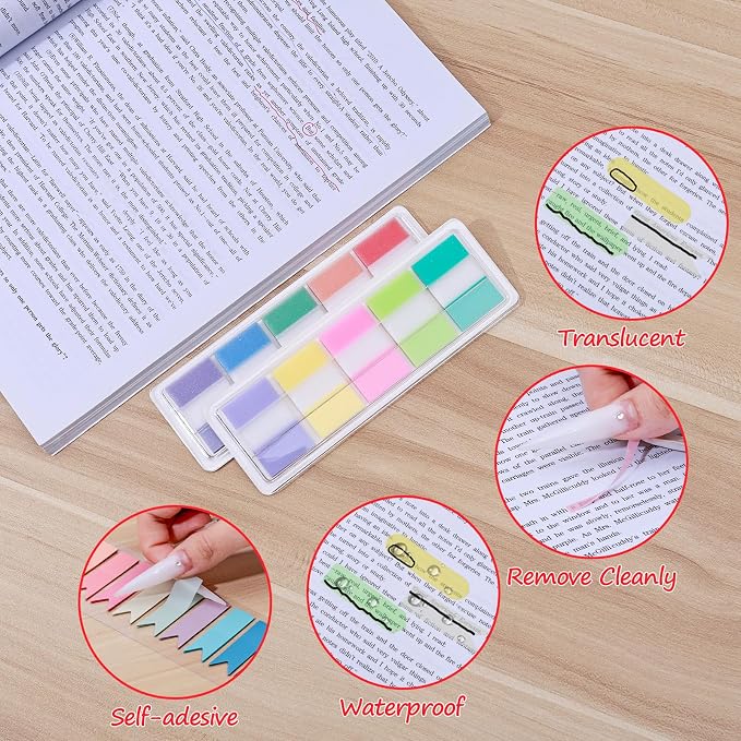 BAYTORY 1800Pcs Transparent Sticky Tabs, 2Pcs Double Marker Pens | See Through Clear Label Stickers, Self-Adhesive Translucent Index Tabs, Sticky Notes for Bible Accessories (Bright Colors)