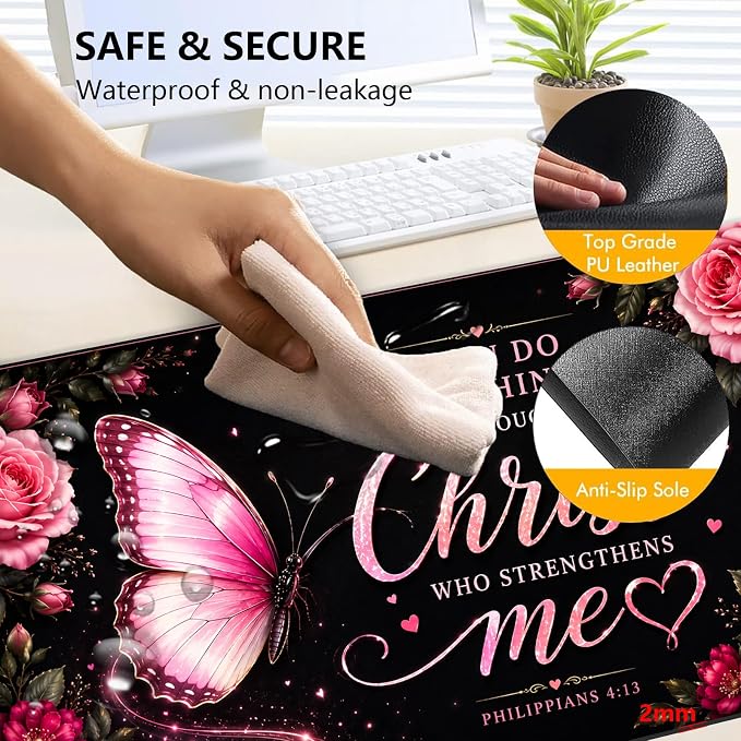 Large Heated Mouse Pad–23.6" x 14.2" Desk Mat for Office | 3 Adjustable Heat Levels,Auto Shut-Off After 3 Hours for Safety,Hands Warm While Working，Philippians 4:13 Butterfly Rose