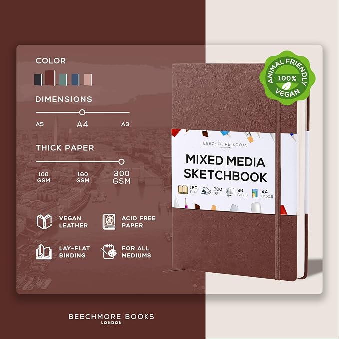 Beechmore Books Heavyweight Mixed Media Sketchbook - A4 8.5"x11" 300 GSM 48 Pages, Hardcover Lay-Flat Professional Journal for Painting, Acrylics and Wet Media