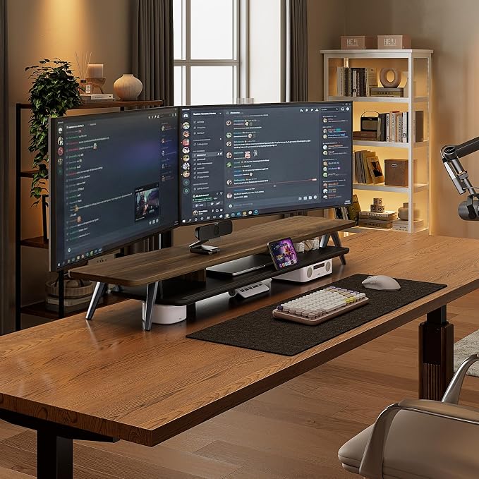 Fenge Dual Monitor Stand, Monitor Stands Riser for 2 monitors, 47.2 Inch Wood Desk Shelf with Storage Organizer and Cable Management for Office Desk Accessories