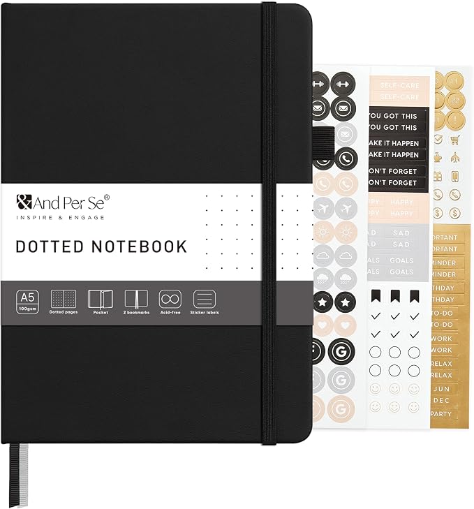 &And Per Se Dotted Journal – A5 Hardcover, Dot Grid Notebook for Planning & Journaling, 160 Pages 100gsm Paper, Stickers - 5.7”x8” (Black)