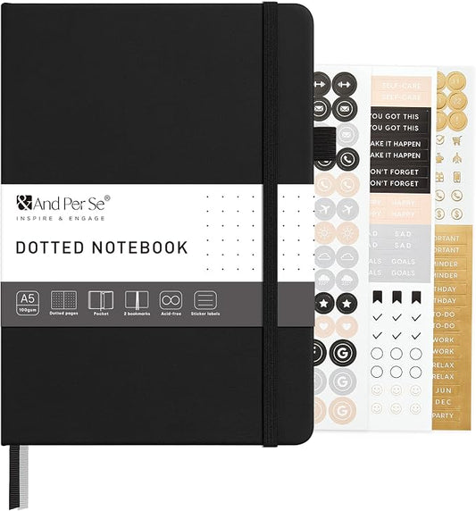 &And Per Se Dotted Journal – A5 Hardcover, Dot Grid Notebook for Planning & Journaling, 160 Pages 100gsm Paper, Stickers - 5.7”x8” (Black)