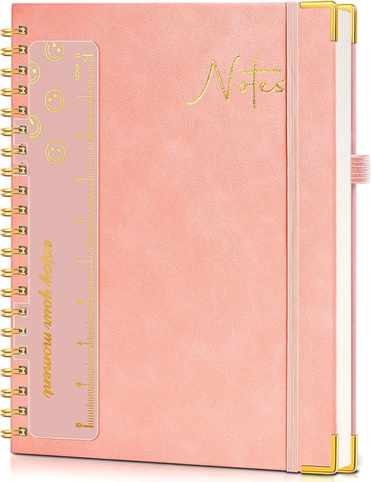 Hardcover Spiral Notebook Journal 8.5” x 11”, A4 Large Leather Notebooks for Women Men, Lined College Ruled Notebook, 100 GSM Paper, Spiral Bound Journals for Work School Note Taking Business, Pink