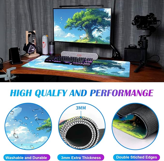 Large Green Plant Outdoor Landscape Office Desk Pad, Computer Mouse Pad | Large Extended Mouse Pad; Full Desk Coverage; Waterproof Coating; Stable Anti-Slide Base For Gaming, Office, Study Daily Use