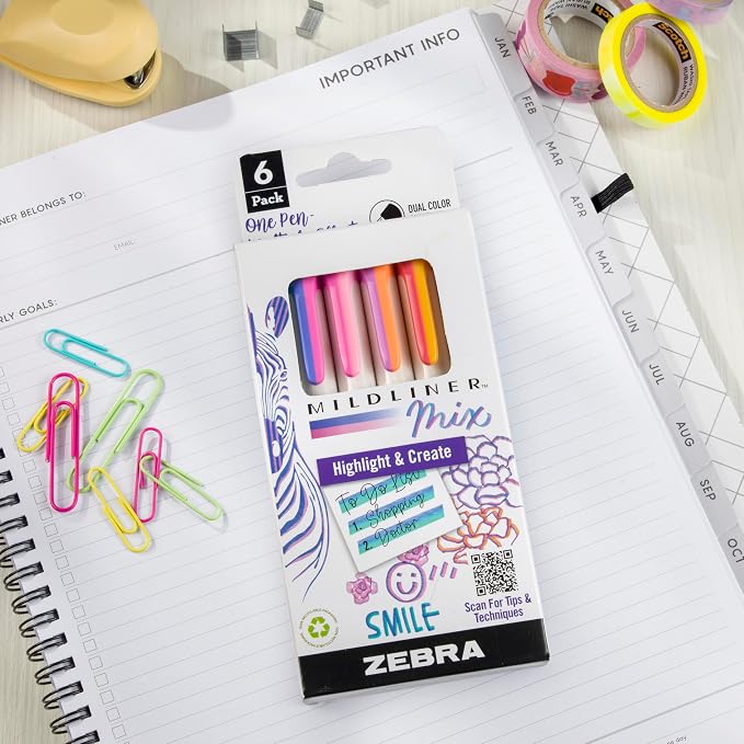 Zebra Pen Mildliner Mix Dual Color Highlighter Marker Set, Chisel Tip, No Bleed, Ideal for Bible Highlighting, Journaling, Note-Taking, School and Office Supplies, Assorted Colors, 6-Pack (77706)