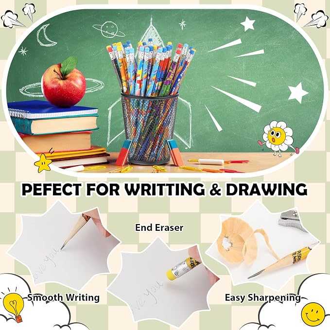 Handepo 144 Pcs Attendance Pencils with Eraser Bulk Back to School Assorted Wooden Pencils Student Preschool Kindergarten Primary School Classroom Carnival Prize Educational Geography Learning Tool