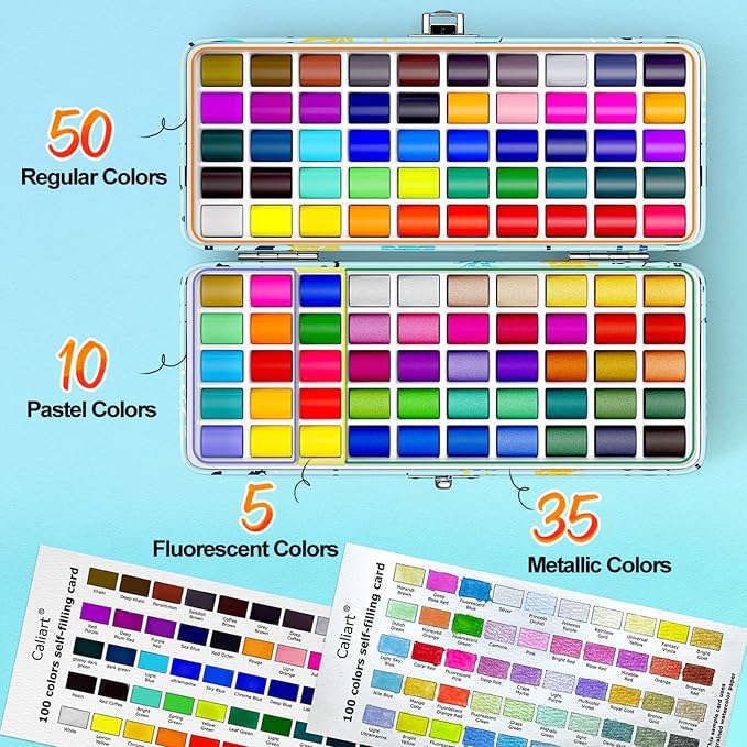 Caliart 100 Colors Watercolor Paint Set, Portable Art Supplies Palette Kit | Travel Metallic Water Color Paints, Art Coloring Painting Gifts for Adults Professionals Beginners Artists