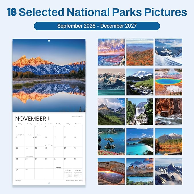 SUNEE Calendar 2026-2027 for Wall, 2027 Large Wall calendar 12x12 Inches with 16 Months from September 2026 to December 2027, Thick Glossy Paper, 12" x 24" (Open), World National Parks