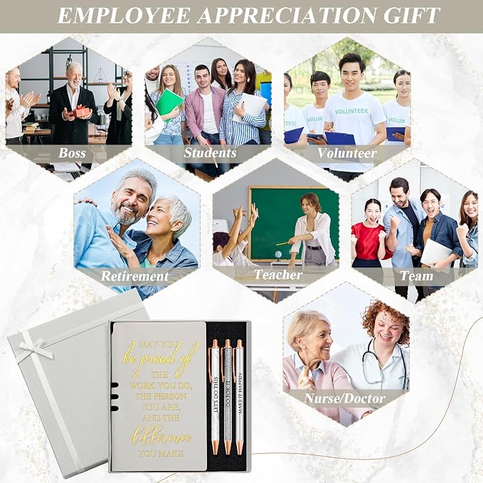 Resurhang 5 Pcs Employee Appreciation Gift Leather Journal Notebook 3 Ballpoint Pens with Box Back to School Thank You Gift for Nurse Volunteer Teacher Secretary Coworker Women(Silver)