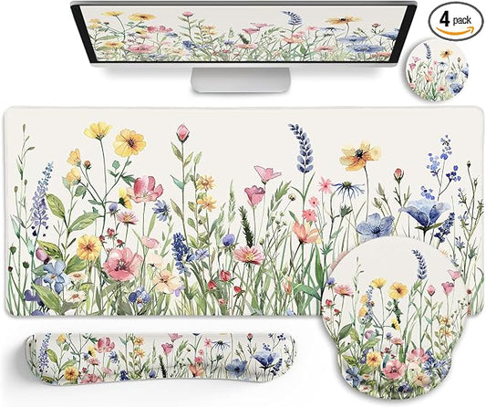 LIMKRIAN Flower Mouse Pad Set Floral Large Desk Matt for Desktop | Ergonomic Mouse Pad with Wrist Rest, Computer Gaming Wrist Support Keyboard Mat, Coaster, Cute Office Desk Decor Accessories