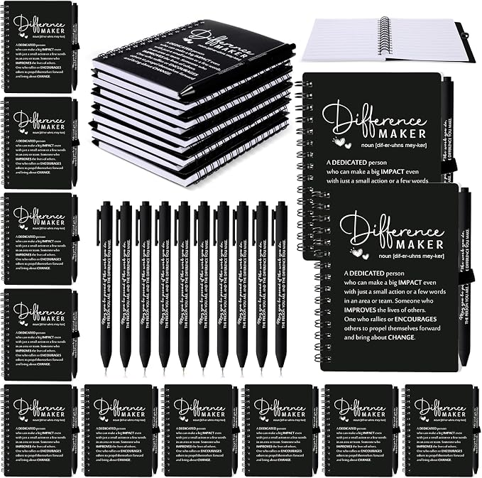 Resurhang 10 Sets Difference Maker Employee Appreciation Gift Bulk Inspirational A6 Spiral Notebook Journal Ballpoint Pens for Teacher Volunteer Coworker Team Back to School (Black)