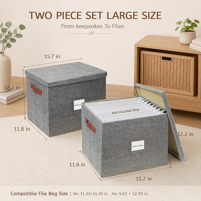2-Pack Collapsible Letter Storage Bins with Lid, Grey | Office files & board games | Faux leather handles & label window | Dust-proof | Includes labels & glue dots